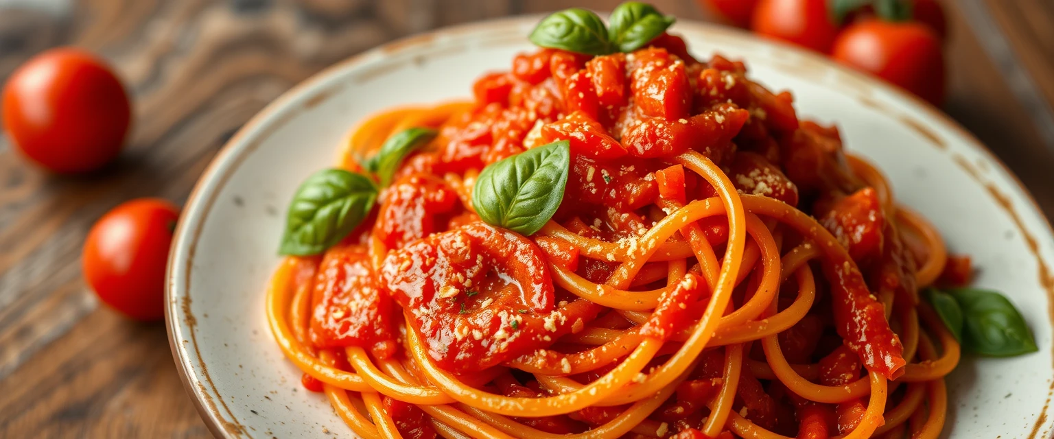 Delicious spaghetti pomodoro with fresh basil